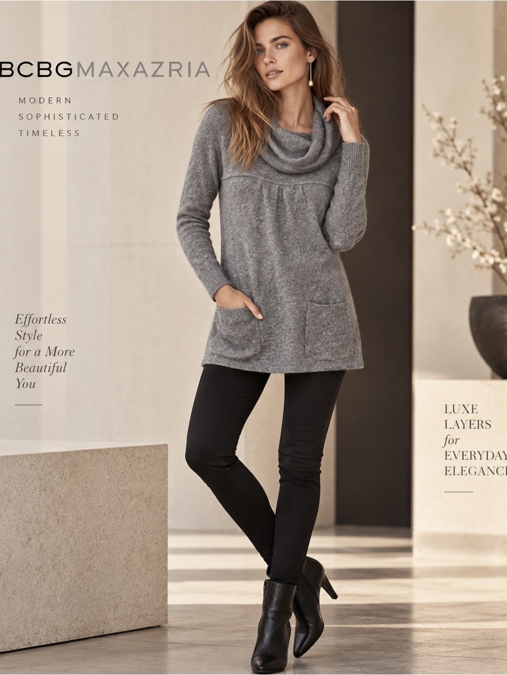 BCBGMAXAZRIA Gray Angora Wool Blend Cowl Neck Tunic Sweater Size M